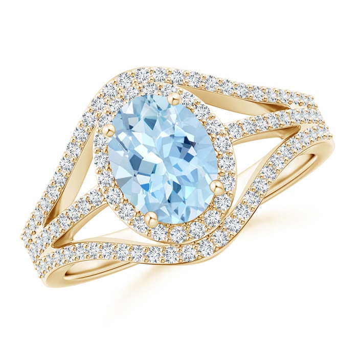 8x6mm AAA Triple Shank Oval Aquamarine and Diamond Halo Ring in Yellow Gold 