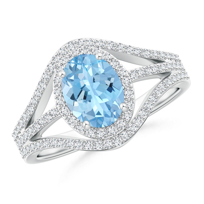 8x6mm AAAA Triple Shank Oval Aquamarine and Diamond Halo Ring in P950 Platinum 