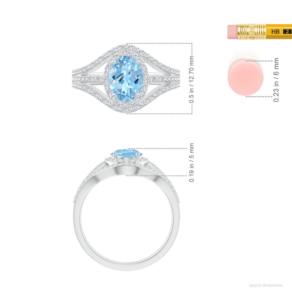 8x6mm AAAA Triple Shank Oval Aquamarine and Diamond Halo Ring in P950 Platinum ruler