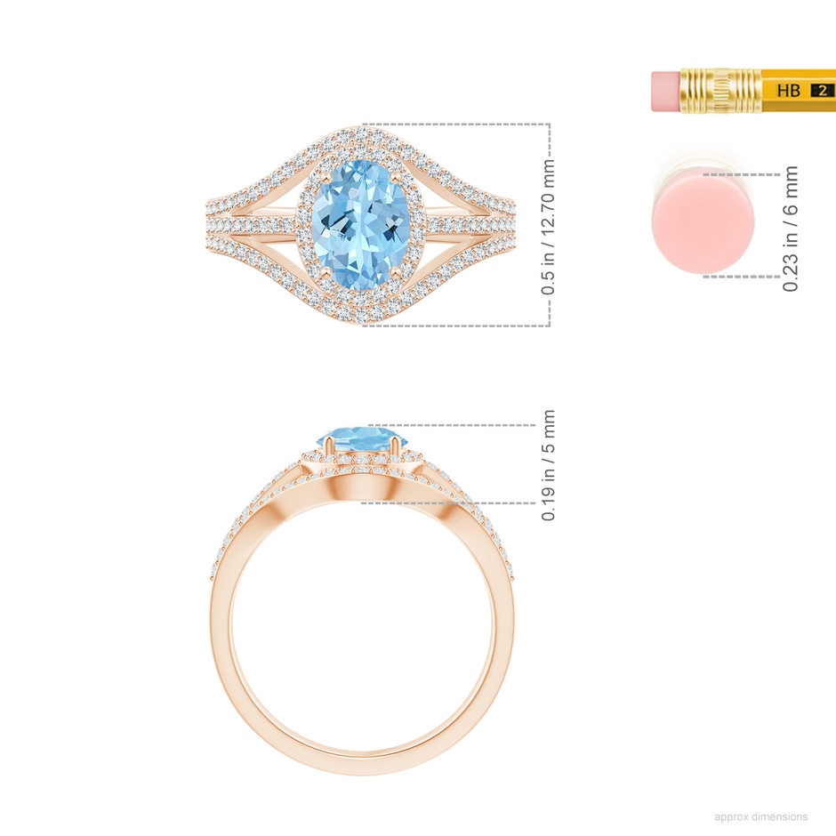 8x6mm AAAA Triple Shank Oval Aquamarine and Diamond Halo Ring in Rose Gold ruler