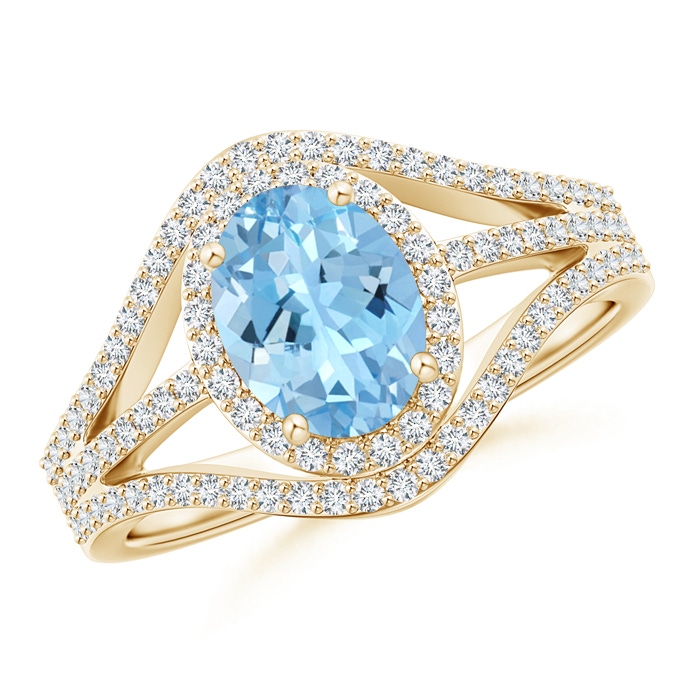 8x6mm AAAA Triple Shank Oval Aquamarine and Diamond Halo Ring in Yellow Gold 