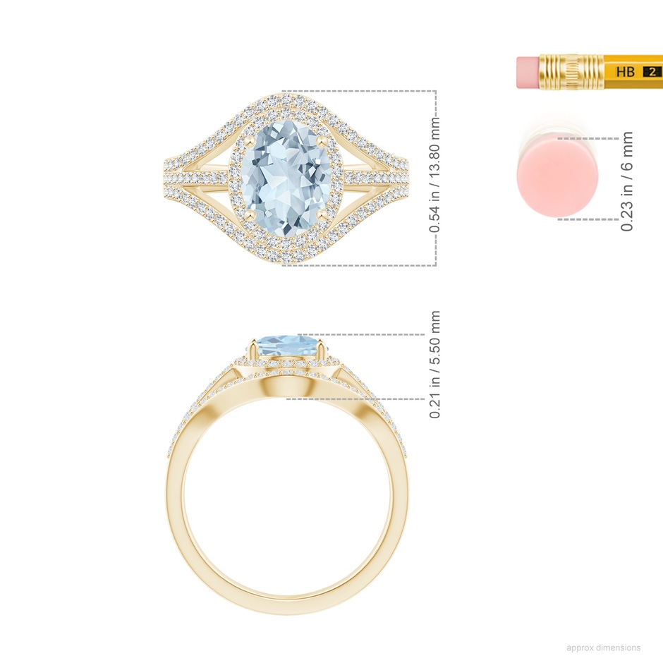 9x7mm A Triple Shank Oval Aquamarine and Diamond Halo Ring in 18K Yellow Gold ruler