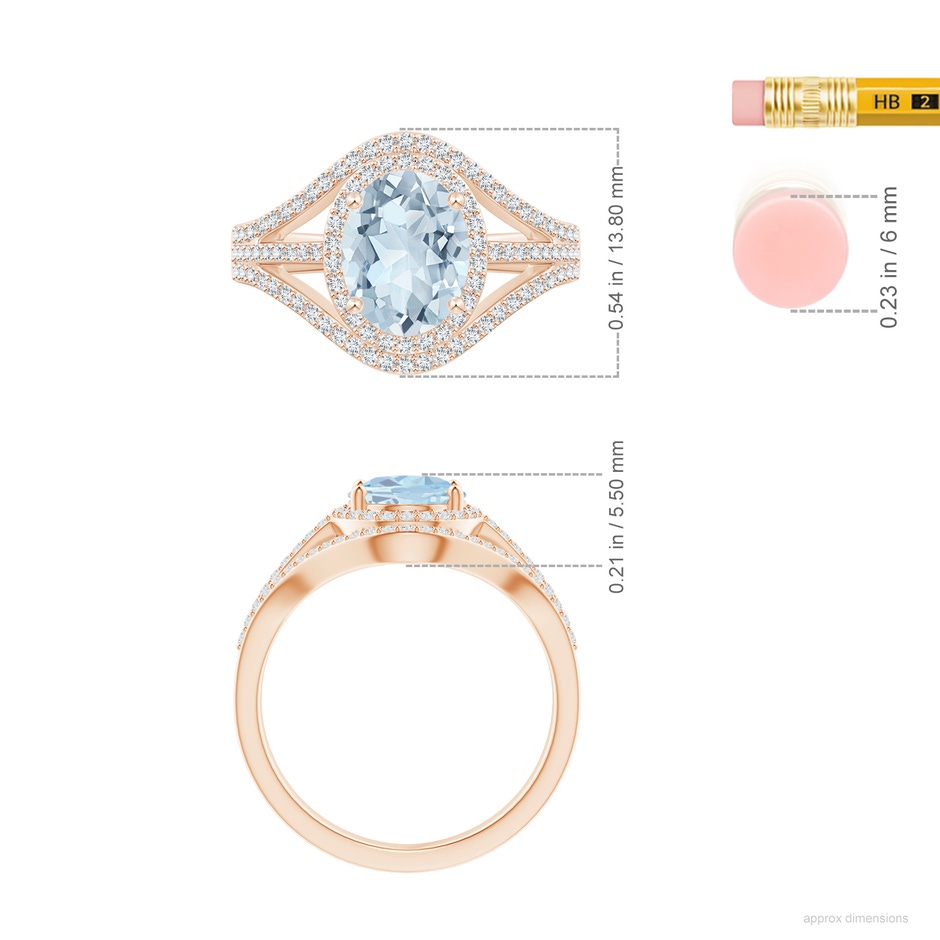 9x7mm A Triple Shank Oval Aquamarine and Diamond Halo Ring in Rose Gold ruler