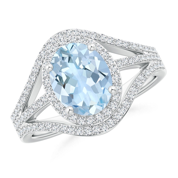 9x7mm AA Triple Shank Oval Aquamarine and Diamond Halo Ring in White Gold 