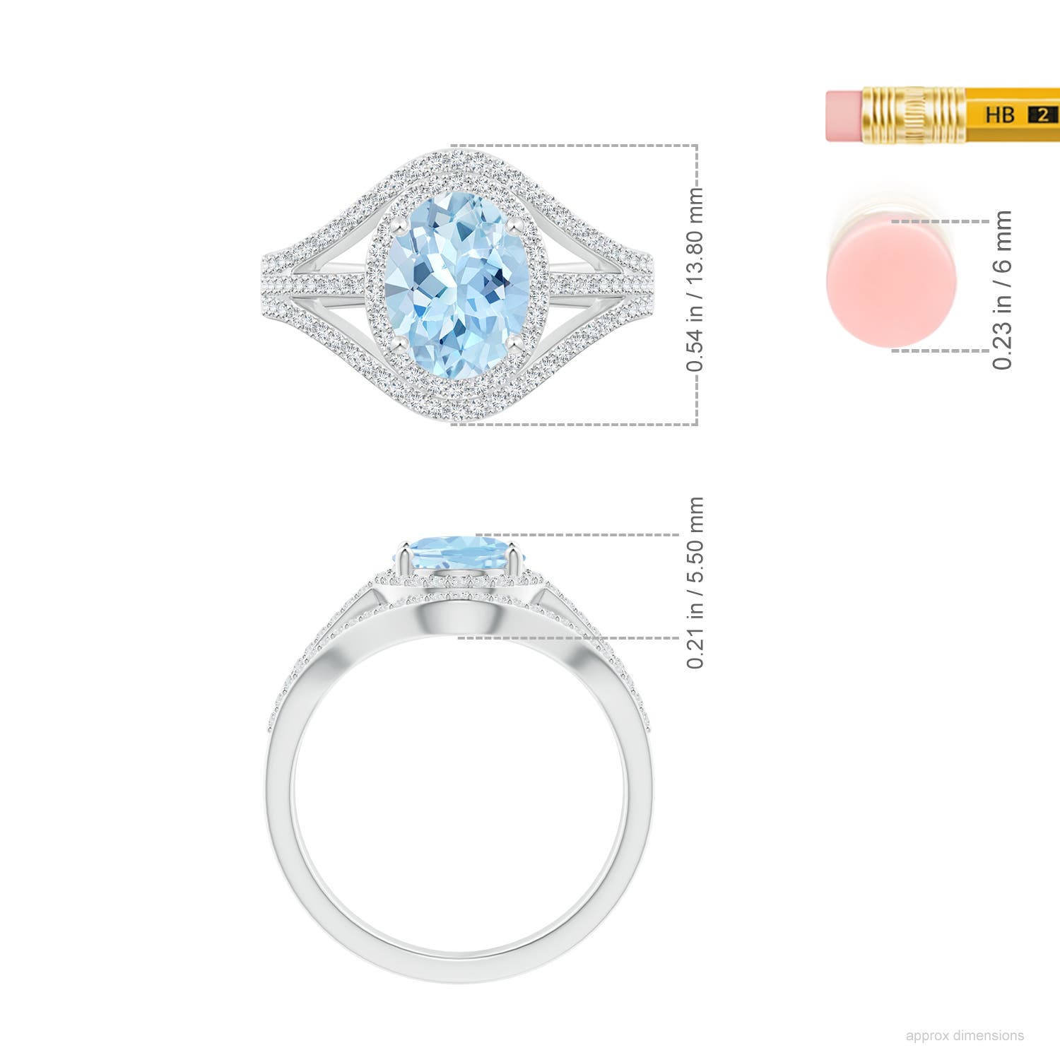 9x7mm AAA Triple Shank Oval Aquamarine and Diamond Halo Ring in White Gold - ruler