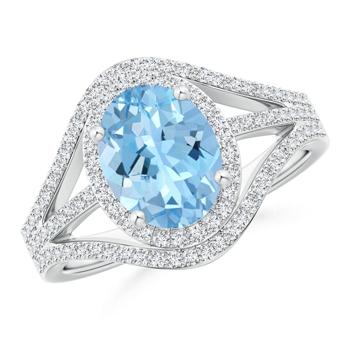 9x7mm AAAA Triple Shank Oval Aquamarine and Diamond Halo Ring in 18K White Gold 