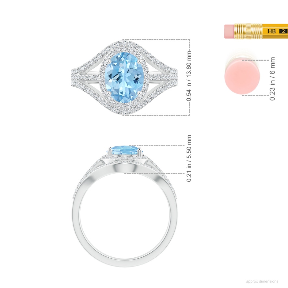 9x7mm AAAA Triple Shank Oval Aquamarine and Diamond Halo Ring in 18K White Gold ruler