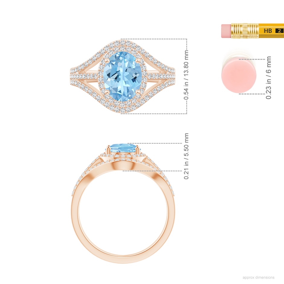 9x7mm AAAA Triple Shank Oval Aquamarine and Diamond Halo Ring in Rose Gold ruler