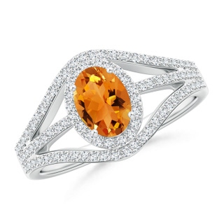7x5mm AAA Triple Shank Oval Citrine and Diamond Halo Ring in White Gold