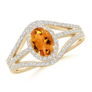 7x5mm AAA Triple Shank Oval Citrine and Diamond Halo Ring in Yellow Gold