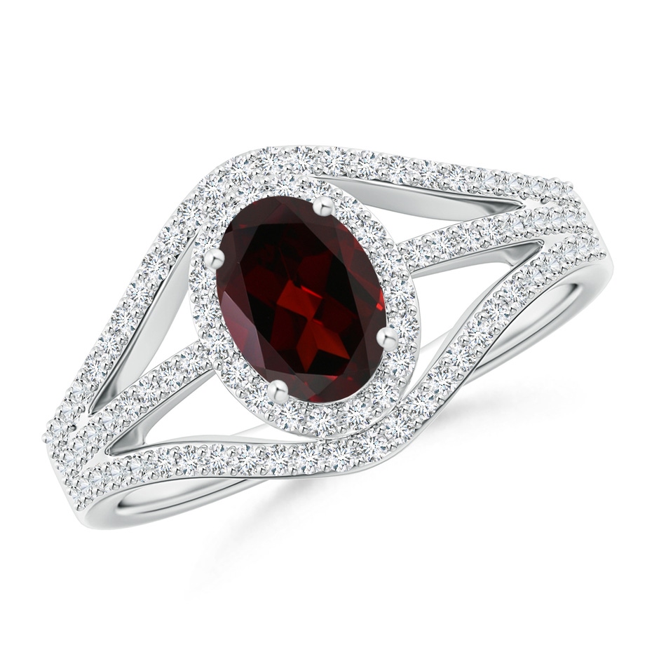 7x5mm A Triple Shank Oval Garnet and Diamond Halo Ring in P950 Platinum 
