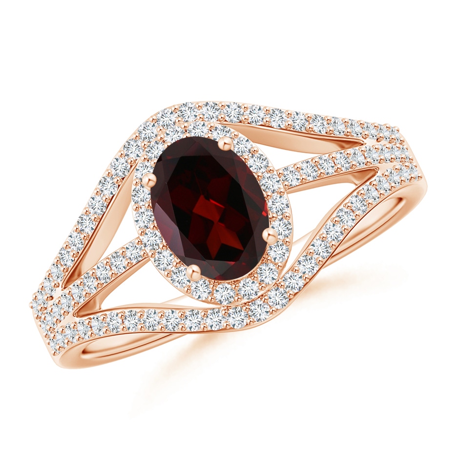 7x5mm A Triple Shank Oval Garnet and Diamond Halo Ring in Rose Gold 