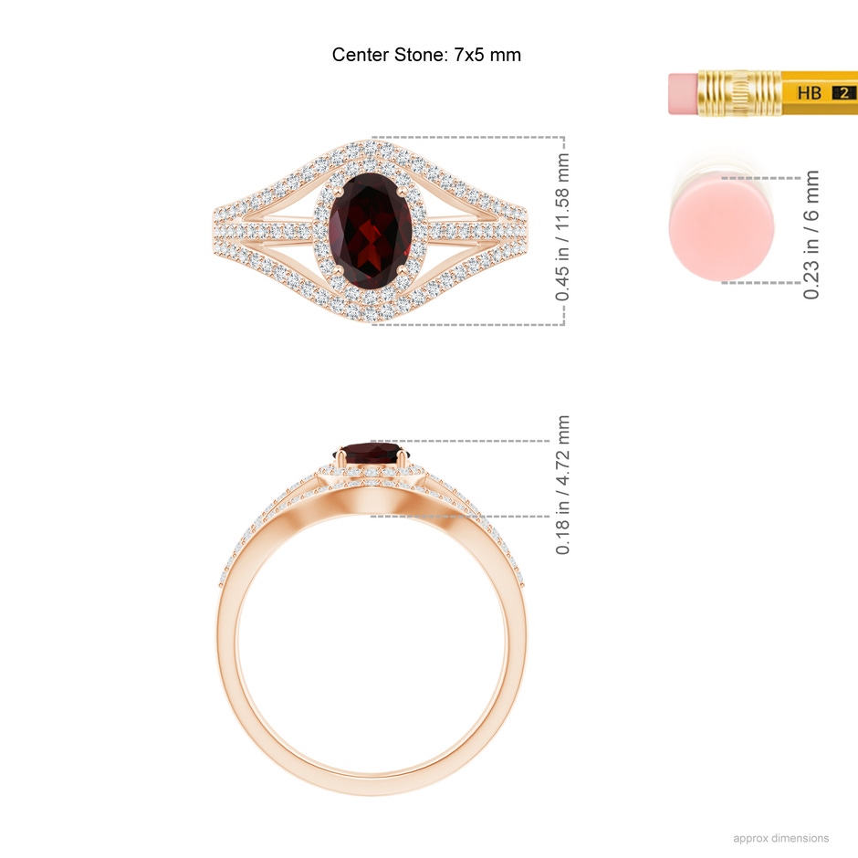 7x5mm A Triple Shank Oval Garnet and Diamond Halo Ring in Rose Gold product image
