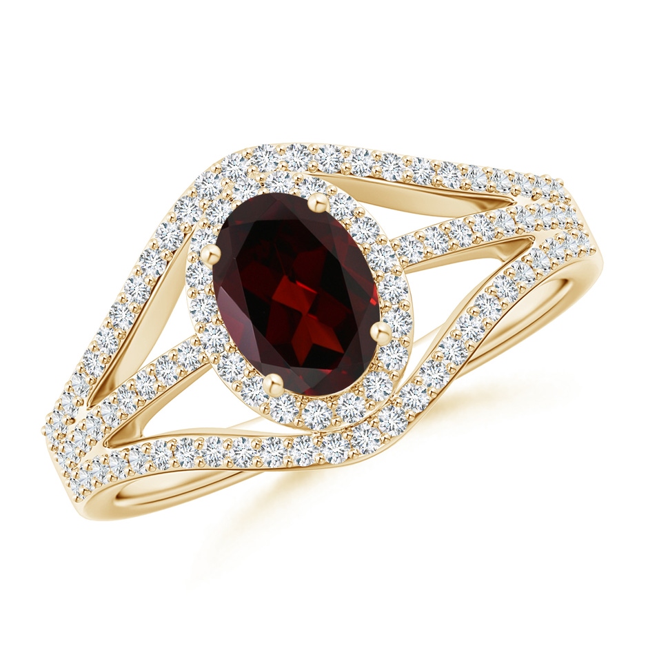 7x5mm A Triple Shank Oval Garnet and Diamond Halo Ring in Yellow Gold 