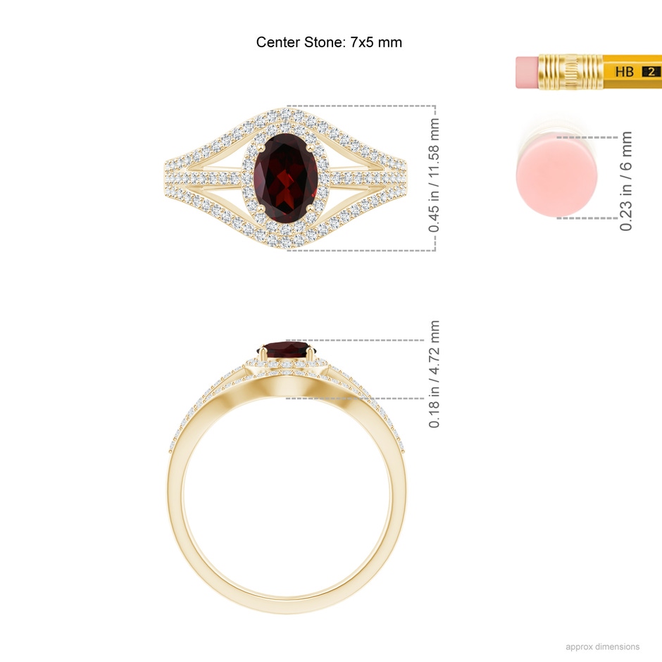 7x5mm A Triple Shank Oval Garnet and Diamond Halo Ring in Yellow Gold product image