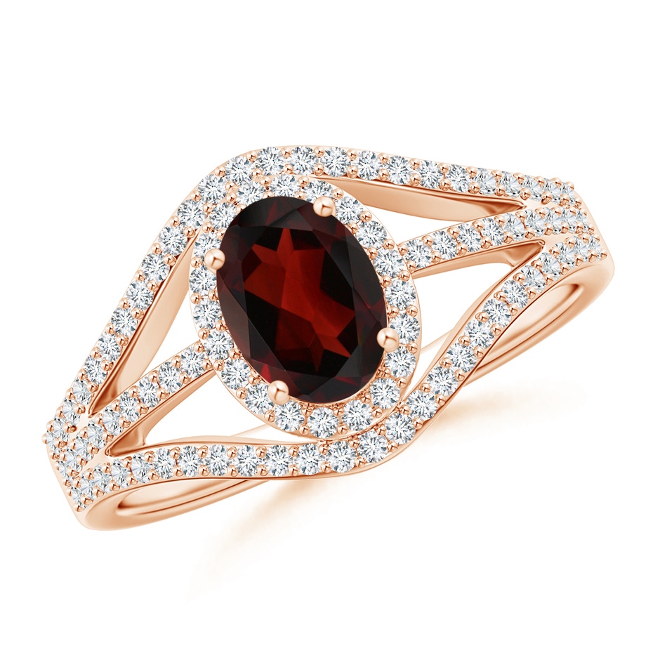 7x5mm AA Triple Shank Oval Garnet and Diamond Halo Ring in Rose Gold 