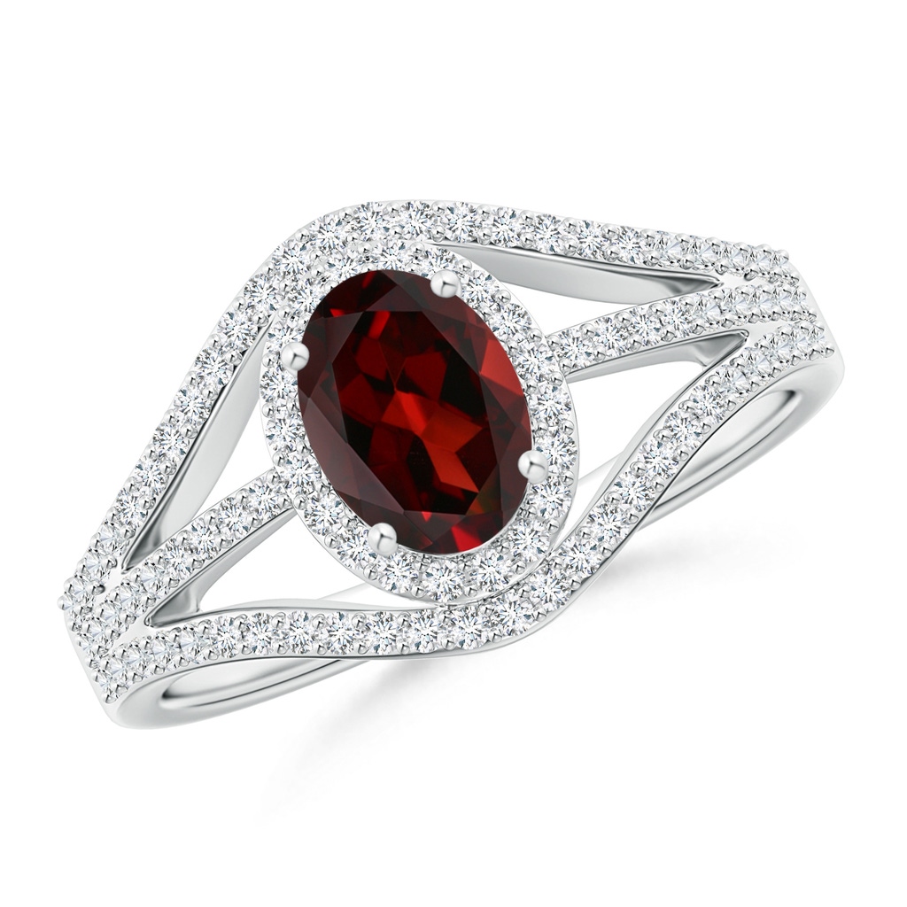 7x5mm AAA Triple Shank Oval Garnet and Diamond Halo Ring in White Gold