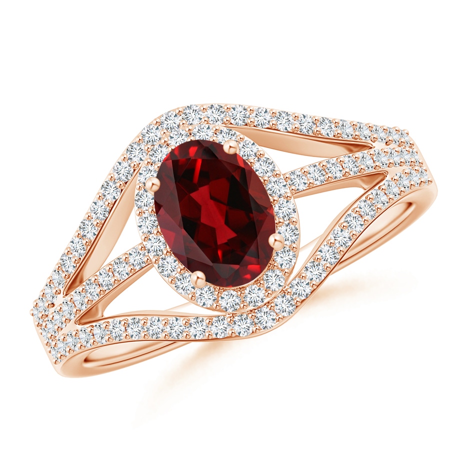 7x5mm AAAA Triple Shank Oval Garnet and Diamond Halo Ring in Rose Gold 