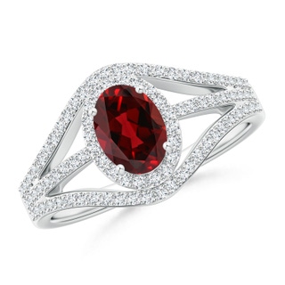 7x5mm AAAA Triple Shank Oval Garnet and Diamond Halo Ring in White Gold