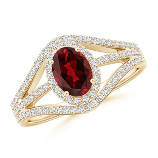 7x5mm AAAA Triple Shank Oval Garnet and Diamond Halo Ring in Yellow Gold