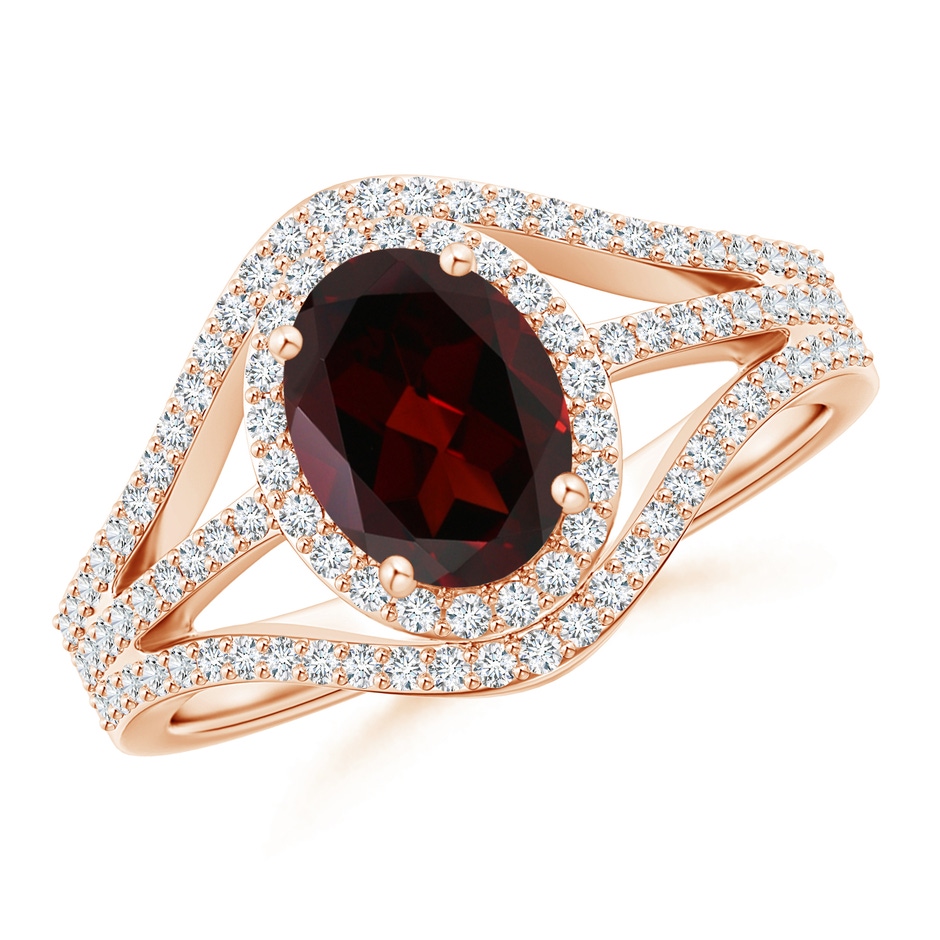 8x6mm A Triple Shank Oval Garnet and Diamond Halo Ring in Rose Gold 