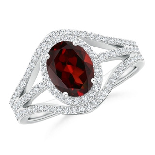 8x6mm AAA Triple Shank Oval Garnet and Diamond Halo Ring in White Gold
