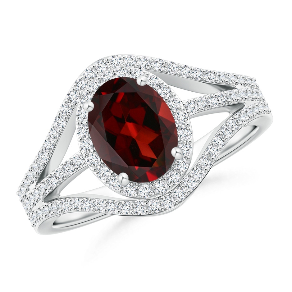 8x6mm AAA Triple Shank Oval Garnet and Diamond Halo Ring in White Gold 