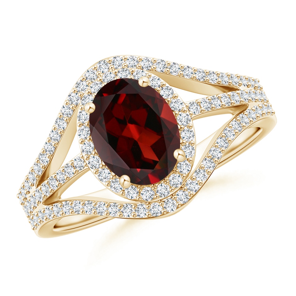 8x6mm AAA Triple Shank Oval Garnet and Diamond Halo Ring in Yellow Gold 