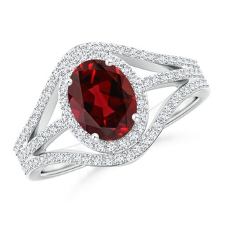 8x6mm AAAA Triple Shank Oval Garnet and Diamond Halo Ring in P950 Platinum