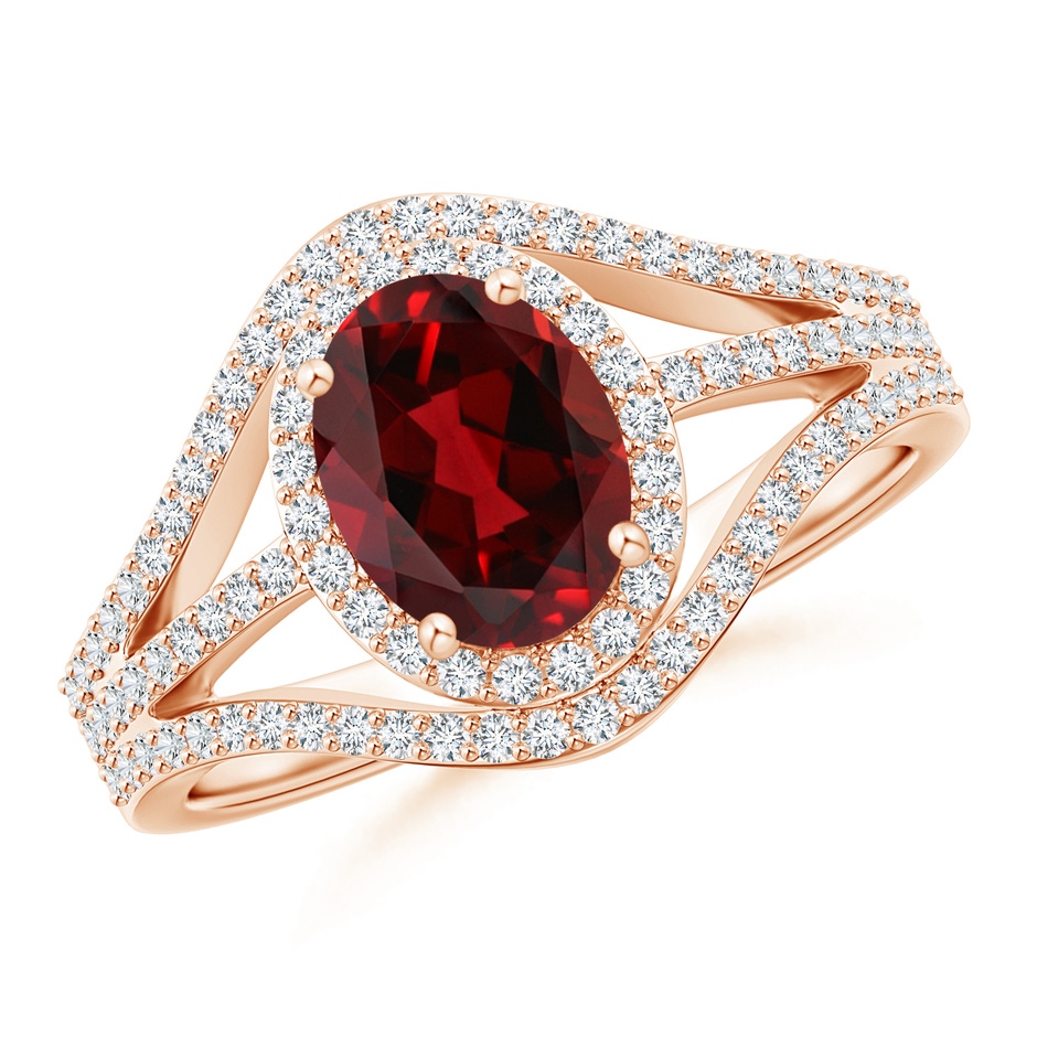 8x6mm AAAA Triple Shank Oval Garnet and Diamond Halo Ring in Rose Gold 