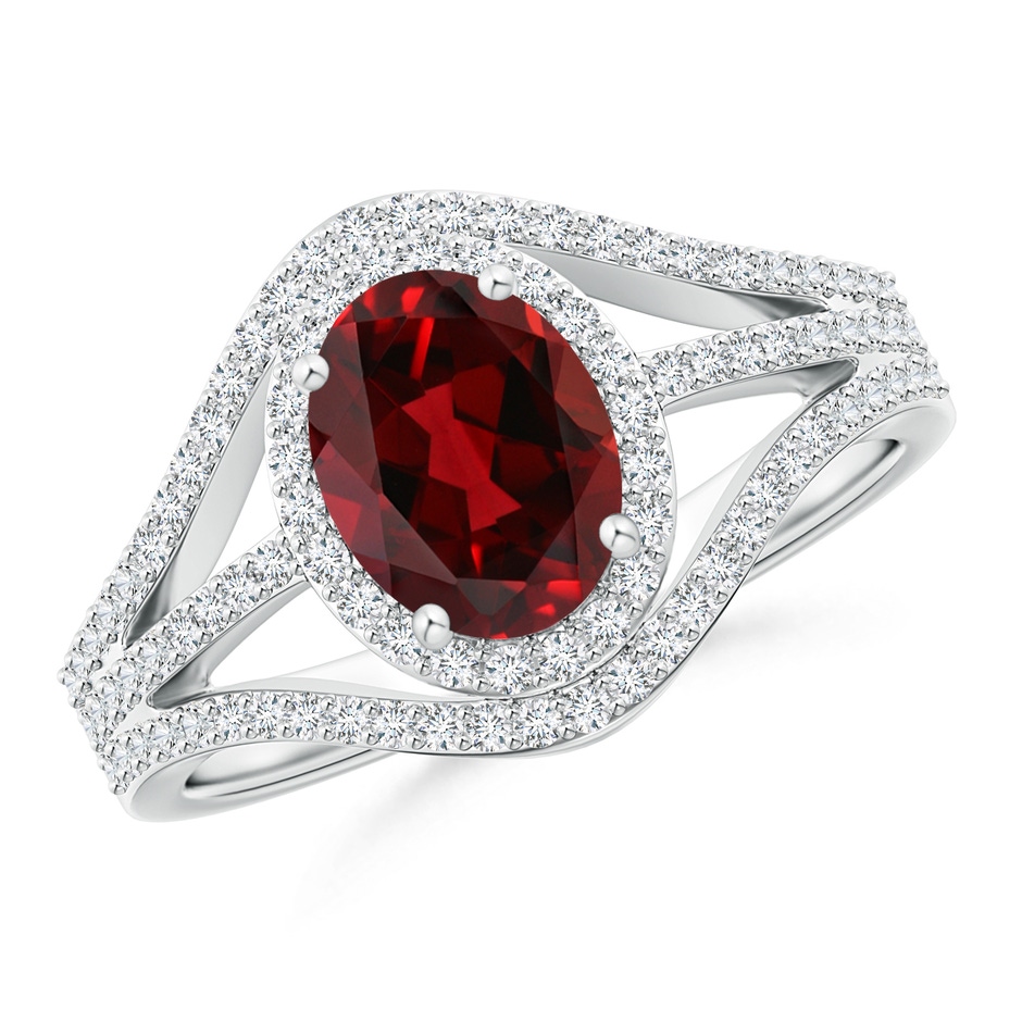 8x6mm AAAA Triple Shank Oval Garnet and Diamond Halo Ring in White Gold 