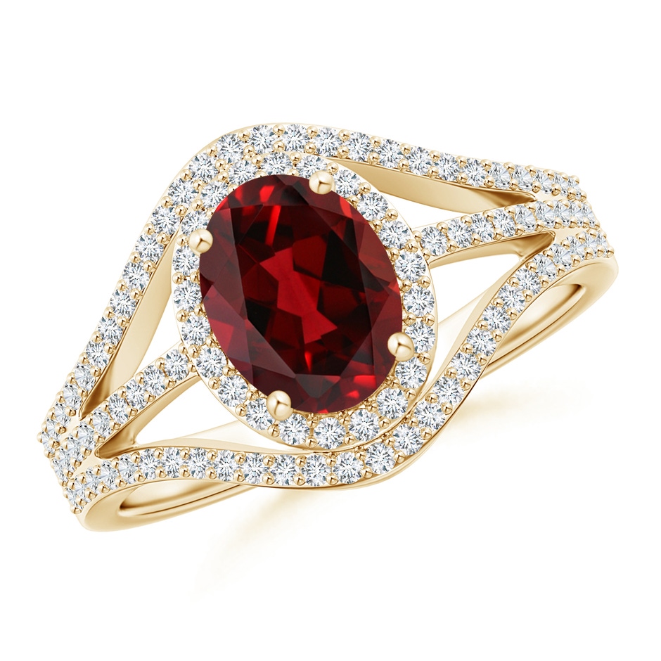 8x6mm AAAA Triple Shank Oval Garnet and Diamond Halo Ring in Yellow Gold 