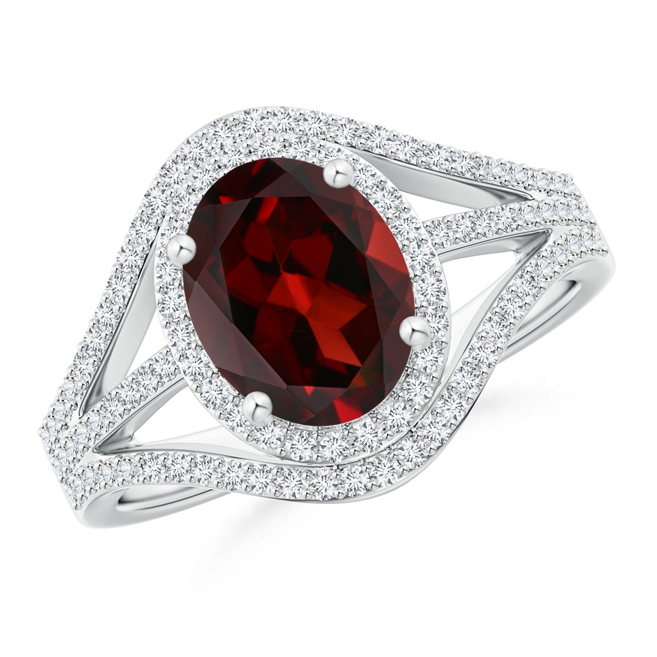 9x7mm AAA Triple Shank Oval Garnet and Diamond Halo Ring in White Gold 