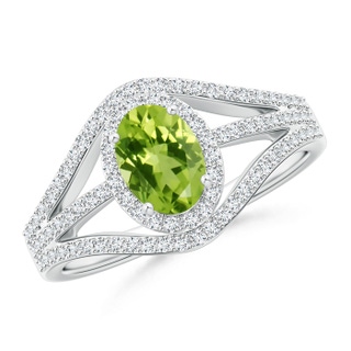 7x5mm AAA Triple Shank Oval Peridot and Diamond Halo Ring in White Gold