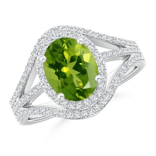 9x7mm AAAA Triple Shank Oval Peridot and Diamond Halo Ring in White Gold
