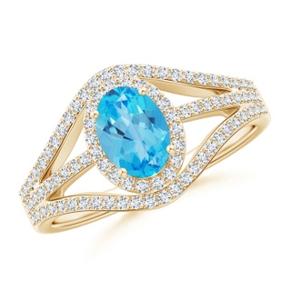 7x5mm AAA Triple Shank Oval Swiss Blue Topaz and Diamond Halo Ring in 9K Yellow Gold
