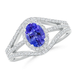 7x5mm AAA Triple Shank Oval Tanzanite and Diamond Halo Ring in White Gold