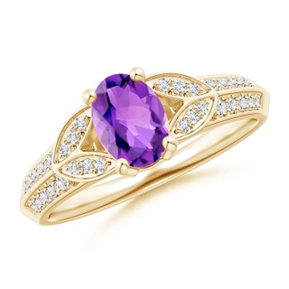 7x5mm AAA Knife-Edged Oval Amethyst Solitaire Ring with Pavé Diamonds in Yellow Gold