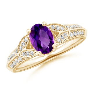 7x5mm AAAA Knife-Edged Oval Amethyst Solitaire Ring with Pavé Diamonds in Yellow Gold