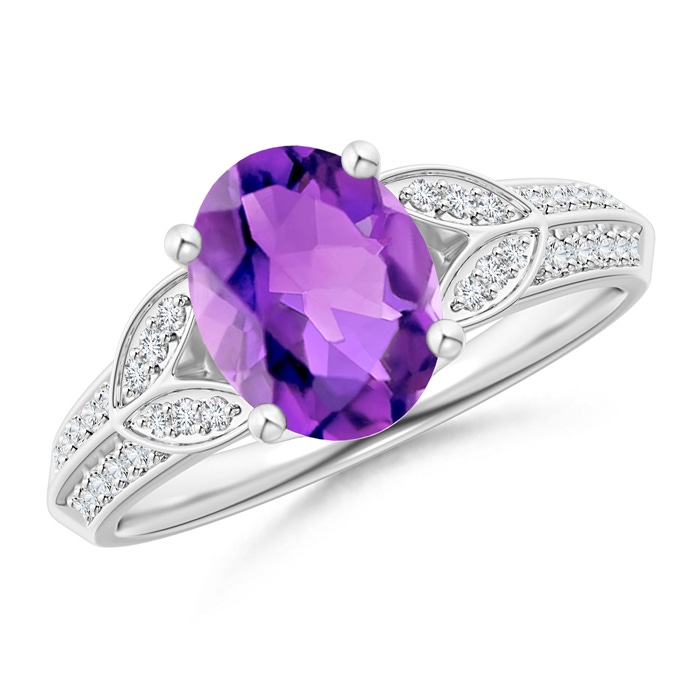 9x7mm AAA Knife-Edged Oval Amethyst Solitaire Ring with Pavé Diamonds in White Gold 