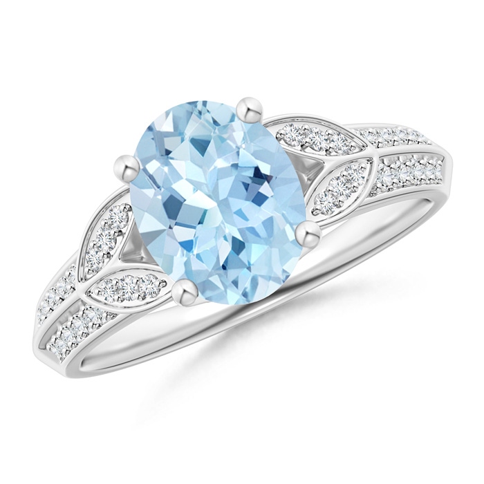 9x7mm AAA Knife-Edged Oval Aquamarine Solitaire Ring with Pavé Diamonds in White Gold