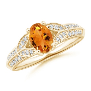 7x5mm AAA Knife-Edged Oval Citrine Solitaire Ring with Pavé Diamonds in Yellow Gold