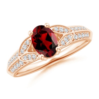 7x5mm AAAA Knife-Edged Oval Garnet Solitaire Ring with Pavé Diamonds in Rose Gold