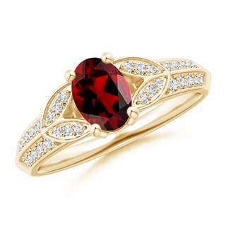 7x5mm AAAA Knife-Edged Oval Garnet Solitaire Ring with Pavé Diamonds in Yellow Gold