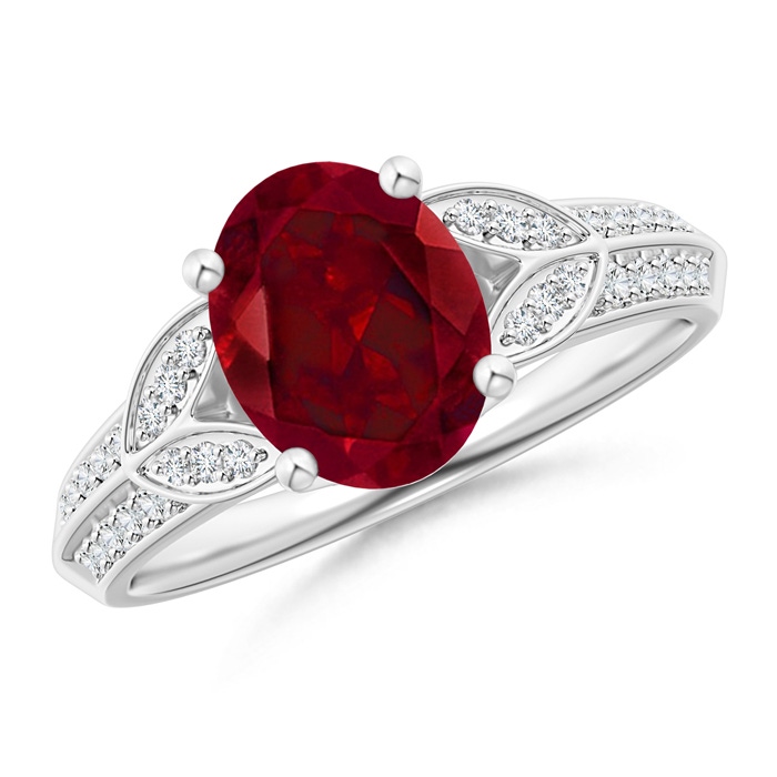 9x7mm AAA Knife-Edged Oval Garnet Solitaire Ring with Pavé Diamonds in White Gold 