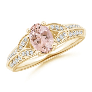 7x5mm AAAA Knife-Edged Oval Morganite Solitaire Ring with Pavé Diamonds in Yellow Gold
