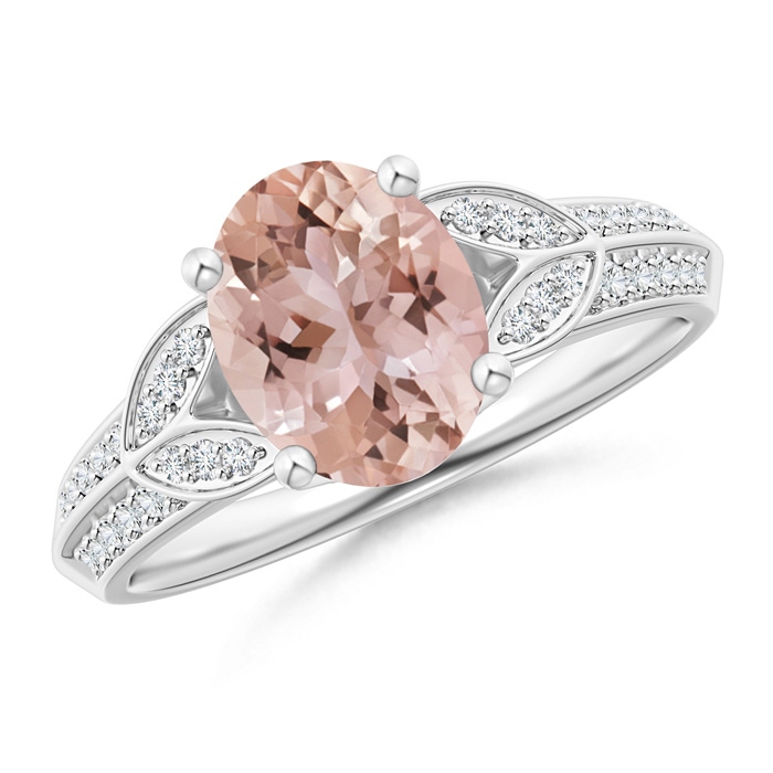 9x7mm AAA Knife-Edged Oval Morganite Solitaire Ring with Pavé Diamonds in White Gold 