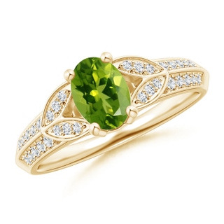 7x5mm AAAA Knife-Edged Oval Peridot Solitaire Ring with Pavé Diamonds in Yellow Gold