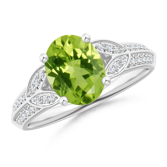 9x7mm AAA Knife-Edged Oval Peridot Solitaire Ring with Pavé Diamonds in White Gold
