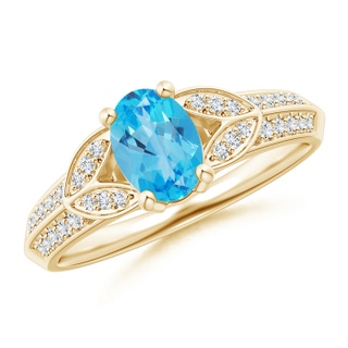 7x5mm AAA Knife-Edged Oval Swiss Blue Topaz Solitaire Ring with Diamonds in 9K Yellow Gold